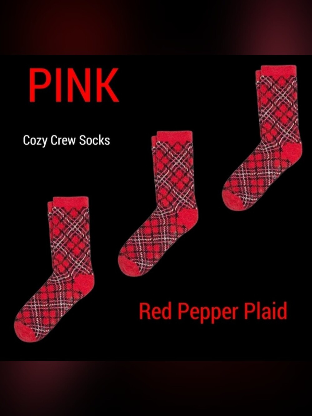 PINK Victoria's Secret Red Pepper Plaid Cozy Crew Socks BNWT 3 Pair